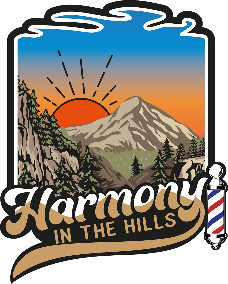 Harmony in the Hills logo: a sunrise over the hills with a barber pole